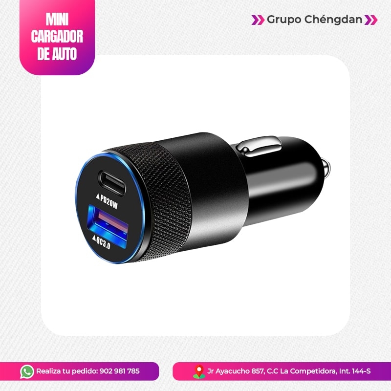 IMPORT JLM S.A.C. - CARGADOR DE CARRO 36W USB Y TIPO C CARGA RAPIDA QC3.0 PD